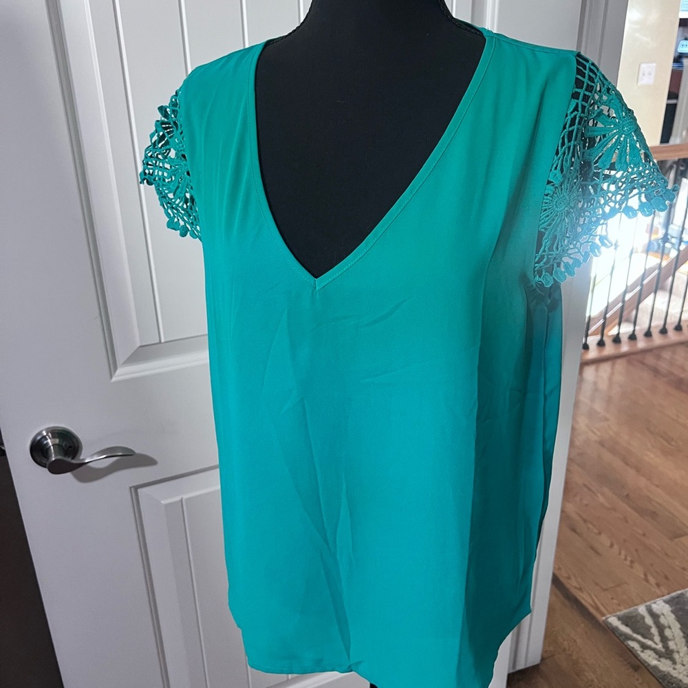 SHEIN Teal Crochet Sleeve Blouse